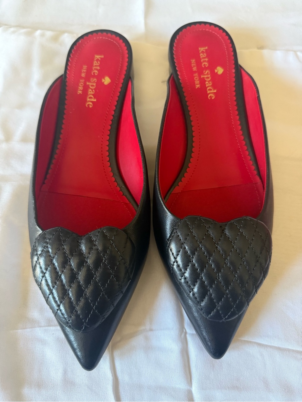 kate spade Black Quilted Heart Pointed Slip-On Mules with Red Insole